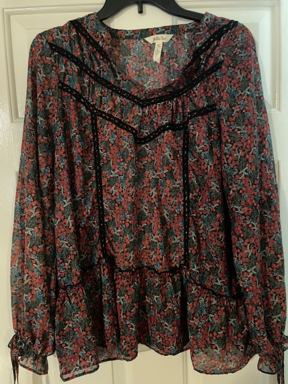 Matilda Jane Black Floral Peasant Blouse with Coral & Teal Accents XL